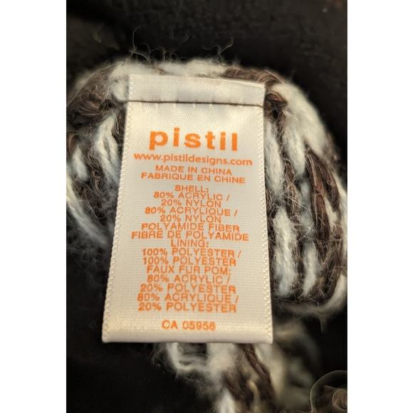 Pistil Brown/Cream ZigZag Print Knit Faux Fur Pom Pom Beanie - Picture 7 of 8